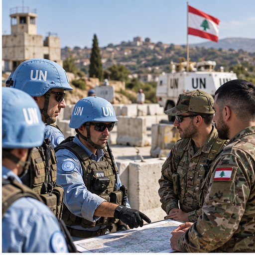 Cascos azules y militares libaneses revisan un mapa