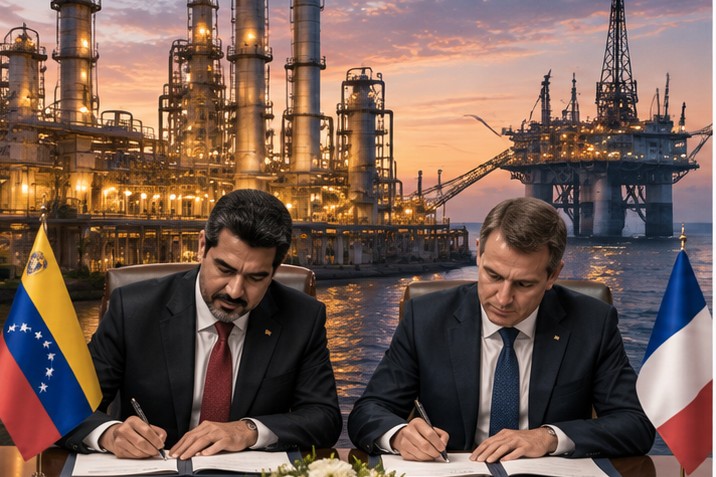 Firma de un acuerdo energético con instalaciones petroleras al fondo