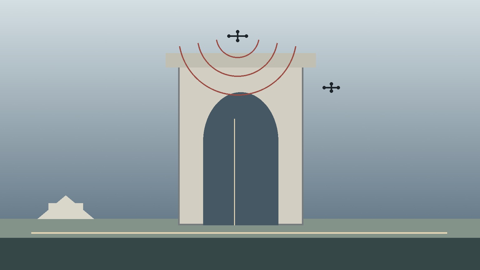 Ilustración editorial conceptual de un arco monumental con drones abstractos y ejes de seguridad.