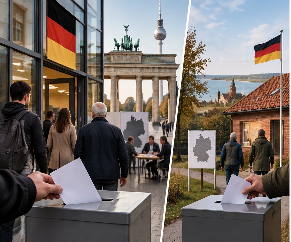 Ilustración editorial de votantes y urnas en Alemania