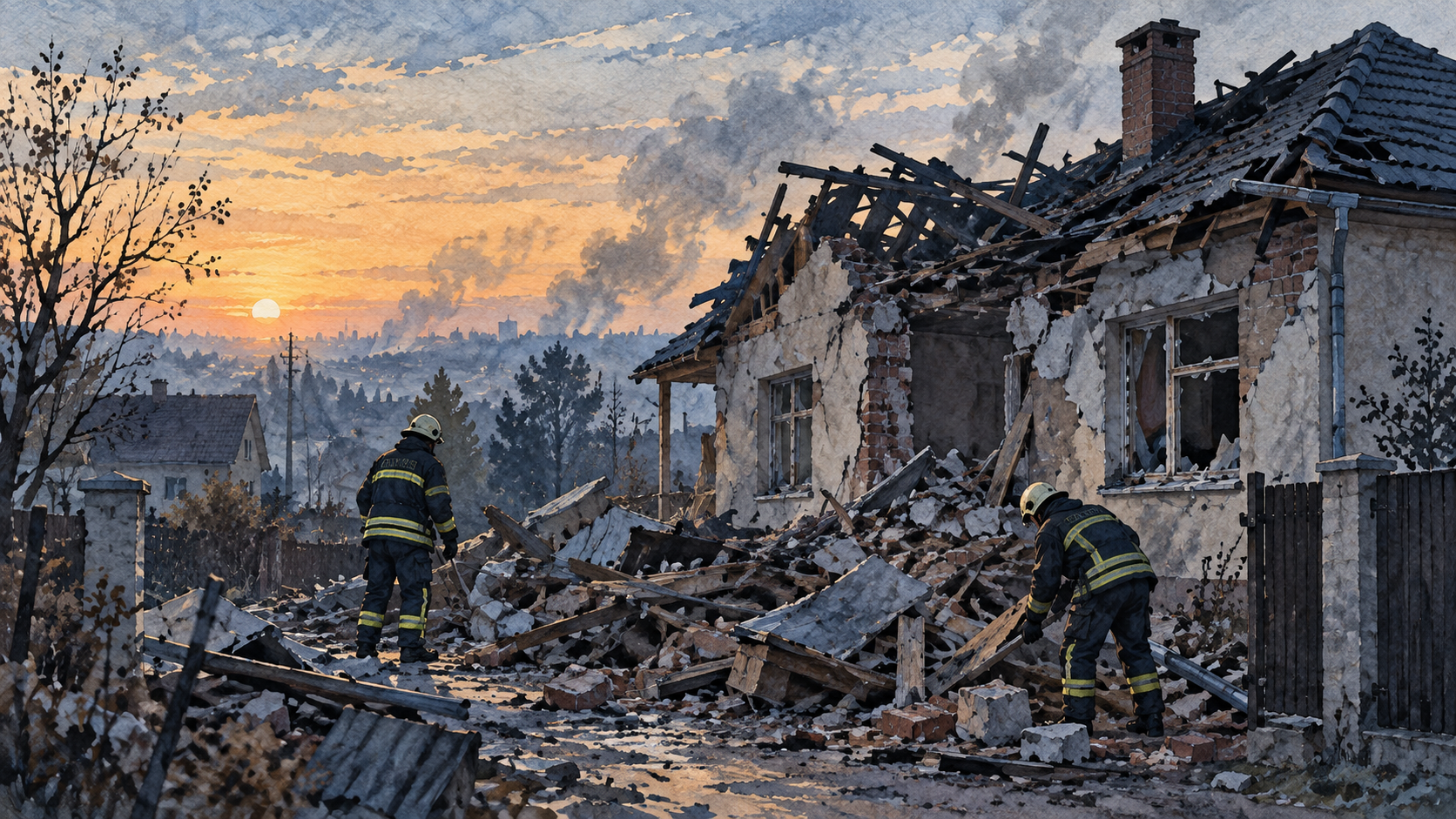 Ilustración editorial de una vivienda dañada y equipos de emergencia entre escombros al amanecer