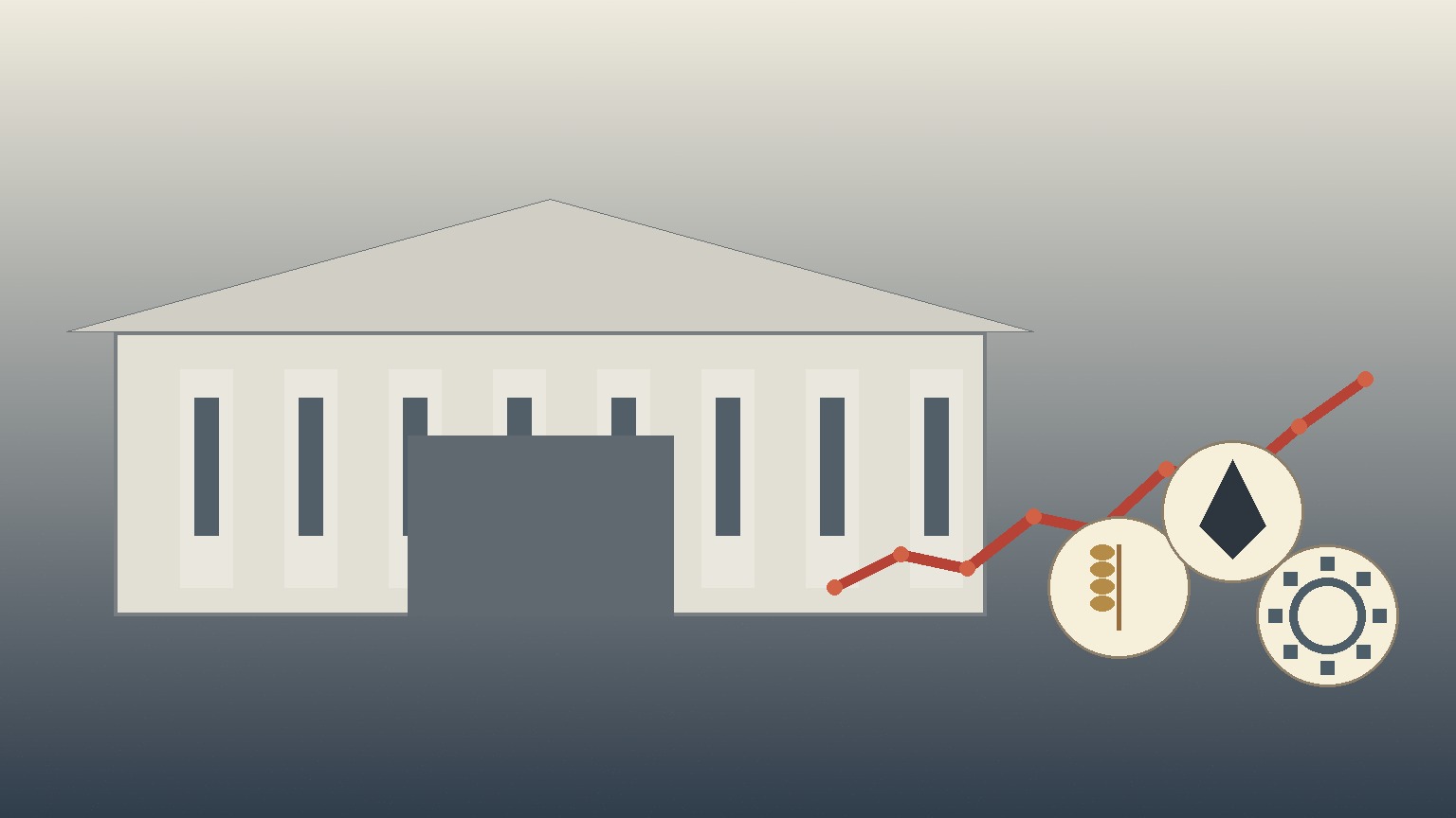 Ilustración editorial de un banco central y una trayectoria de precios al alza.