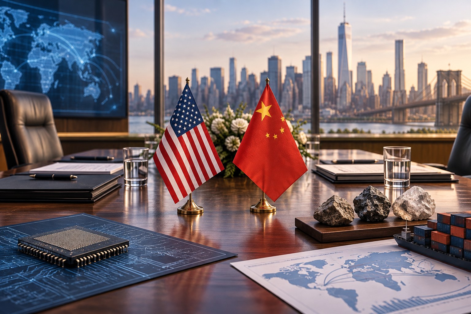 Mesa de negociación con referencias a Estados Unidos, China, semiconductores, minerales críticos y comercio