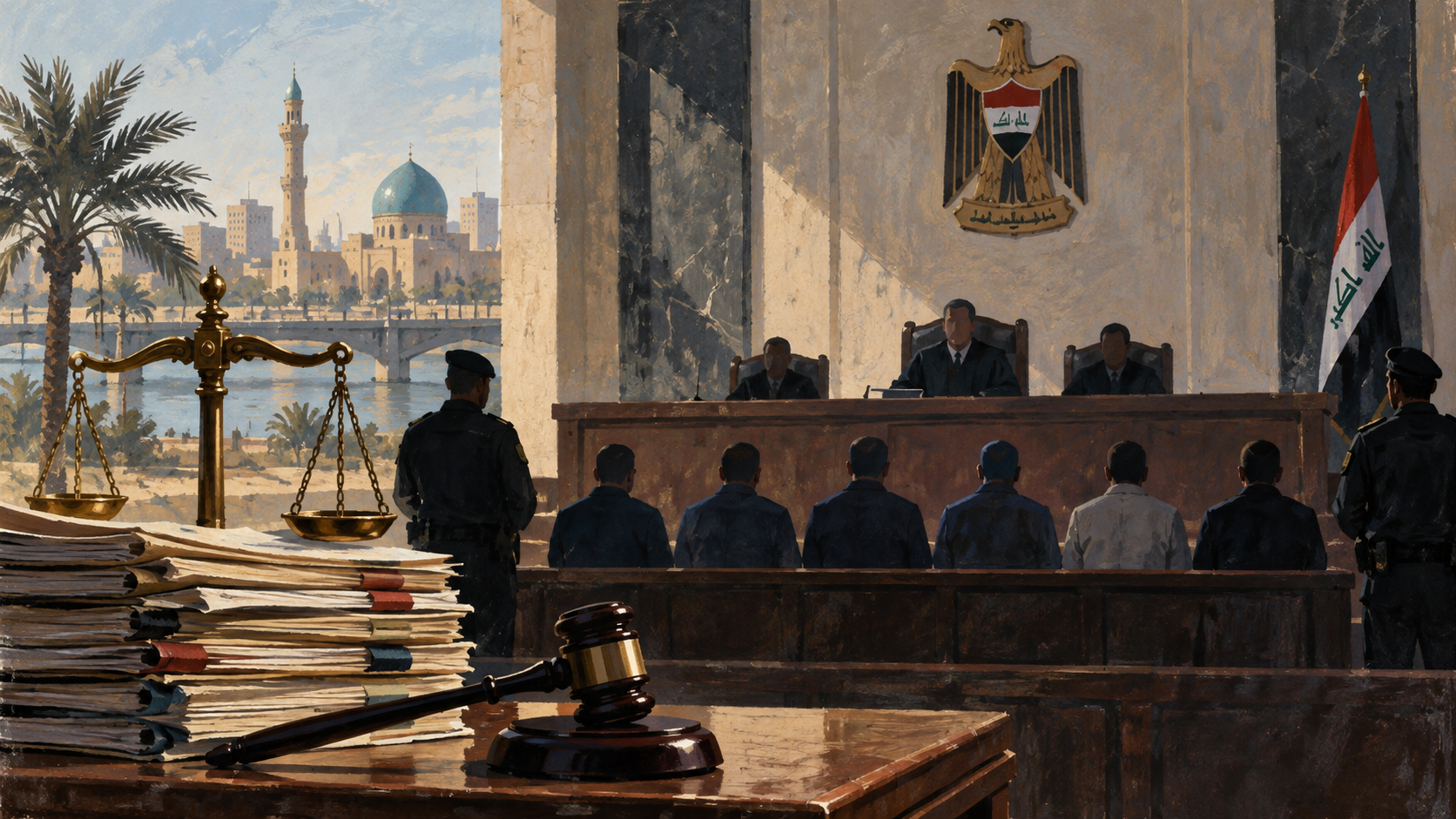 Ilustración editorial de una sala de justicia en Bagdad con expedientes y balanza