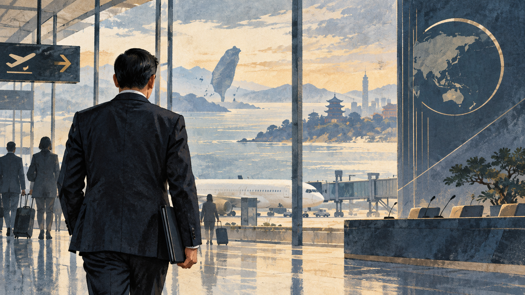 Ilustración editorial de un delegado en un aeropuerto rumbo a una reunión internacional en China