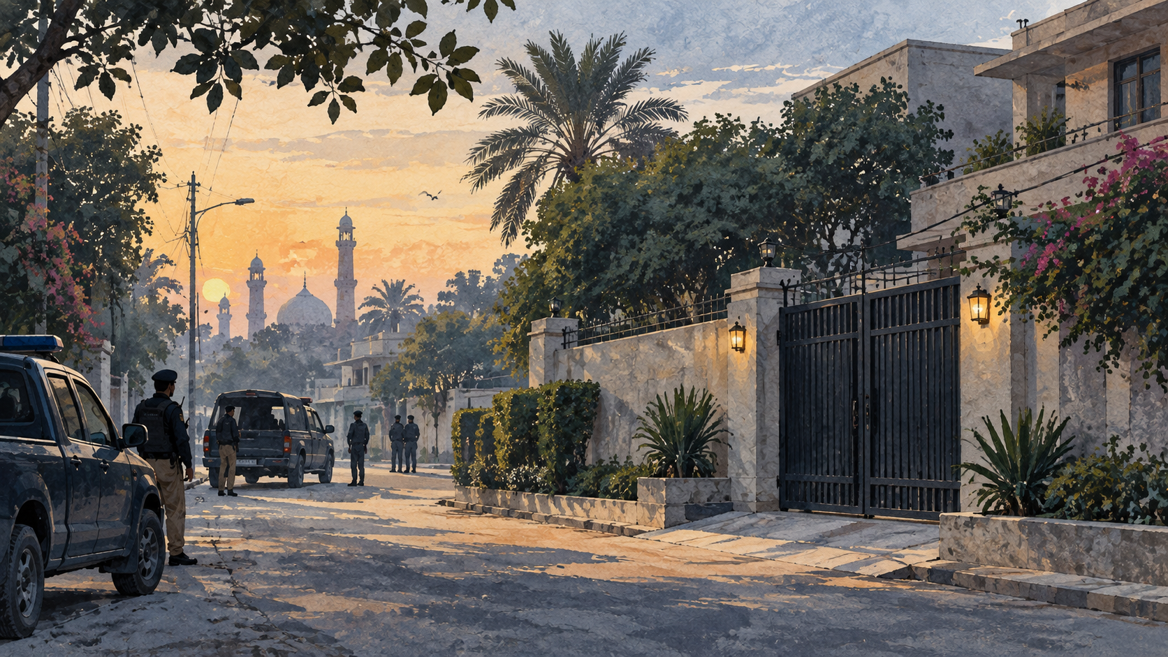 Ilustración editorial de presencia policial en una calle residencial de Lahore