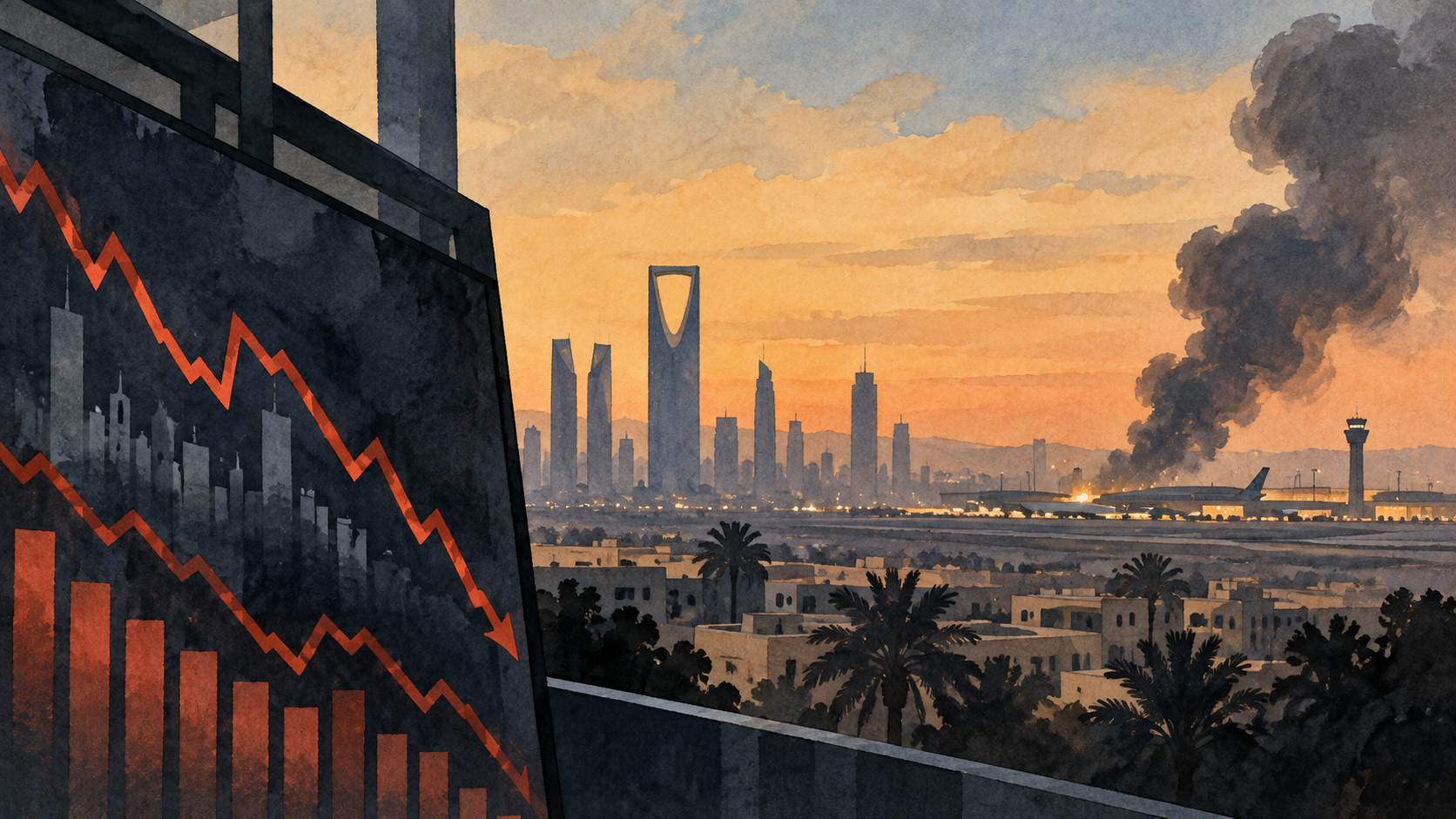Ilustración editorial de Riad, un aeropuerto, humo distante y gráficos bursátiles a la baja