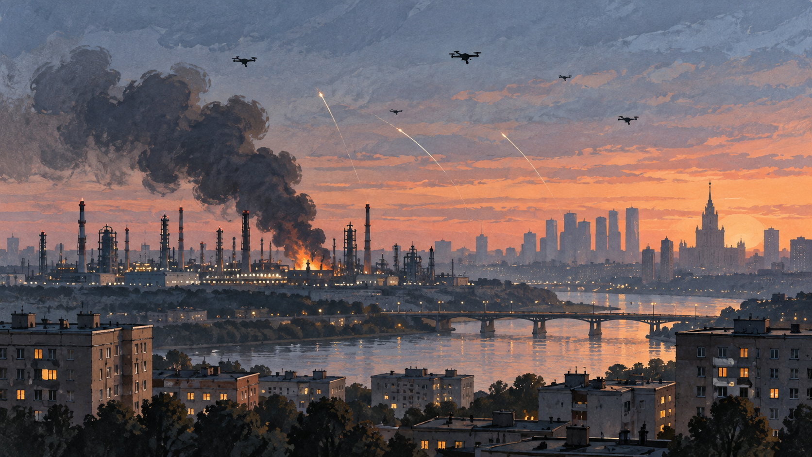 Ilustración editorial de un paisaje urbano de Moscú con una zona industrial humeante y drones en el cielo