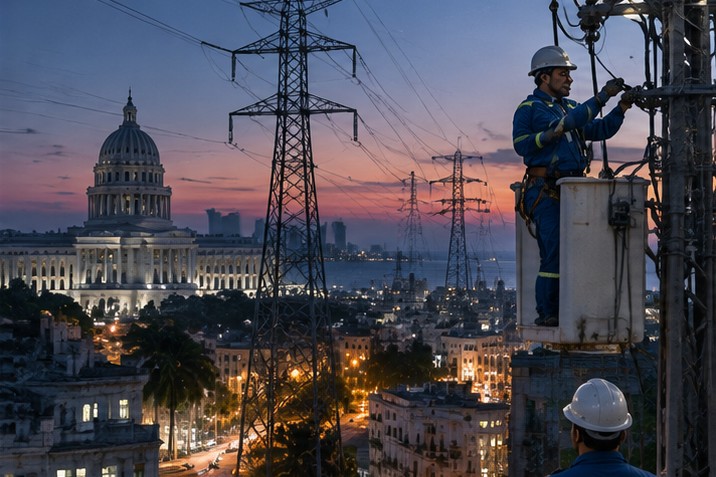 Técnicos trabajando en la red eléctrica de una ciudad caribeña