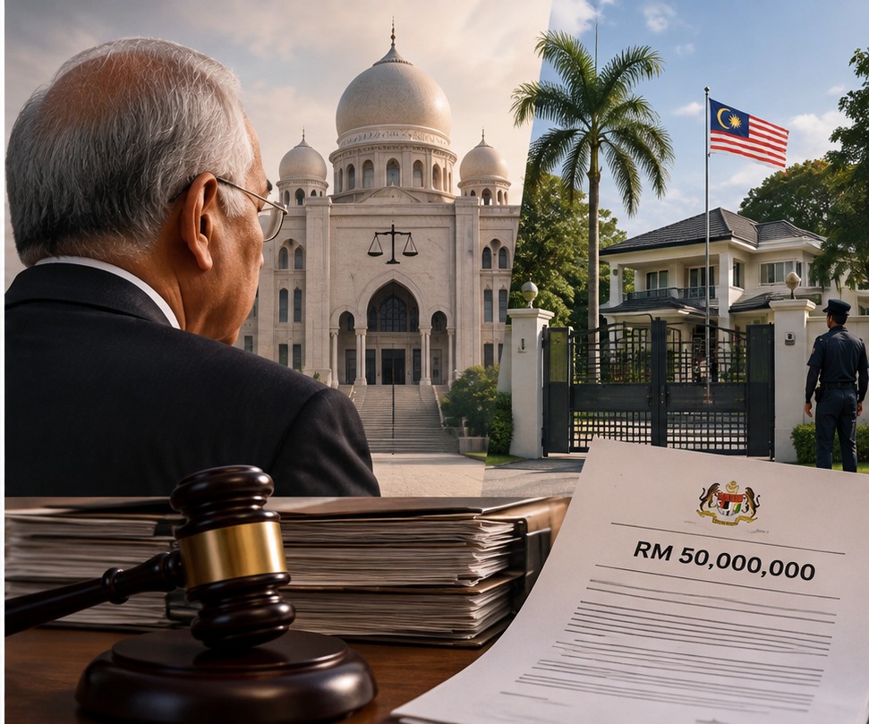Ilustración editorial de un expediente judicial y una residencia en Malasia