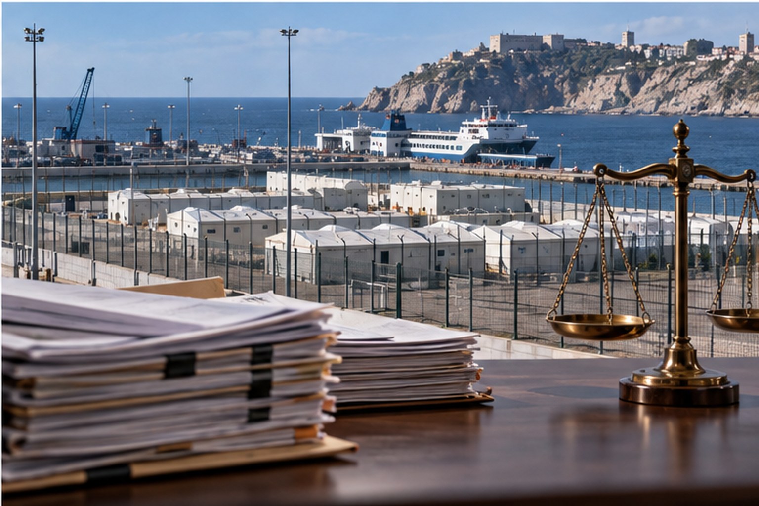 Ilustración editorial de expedientes judiciales frente a instalaciones temporales en el puerto de Ceuta