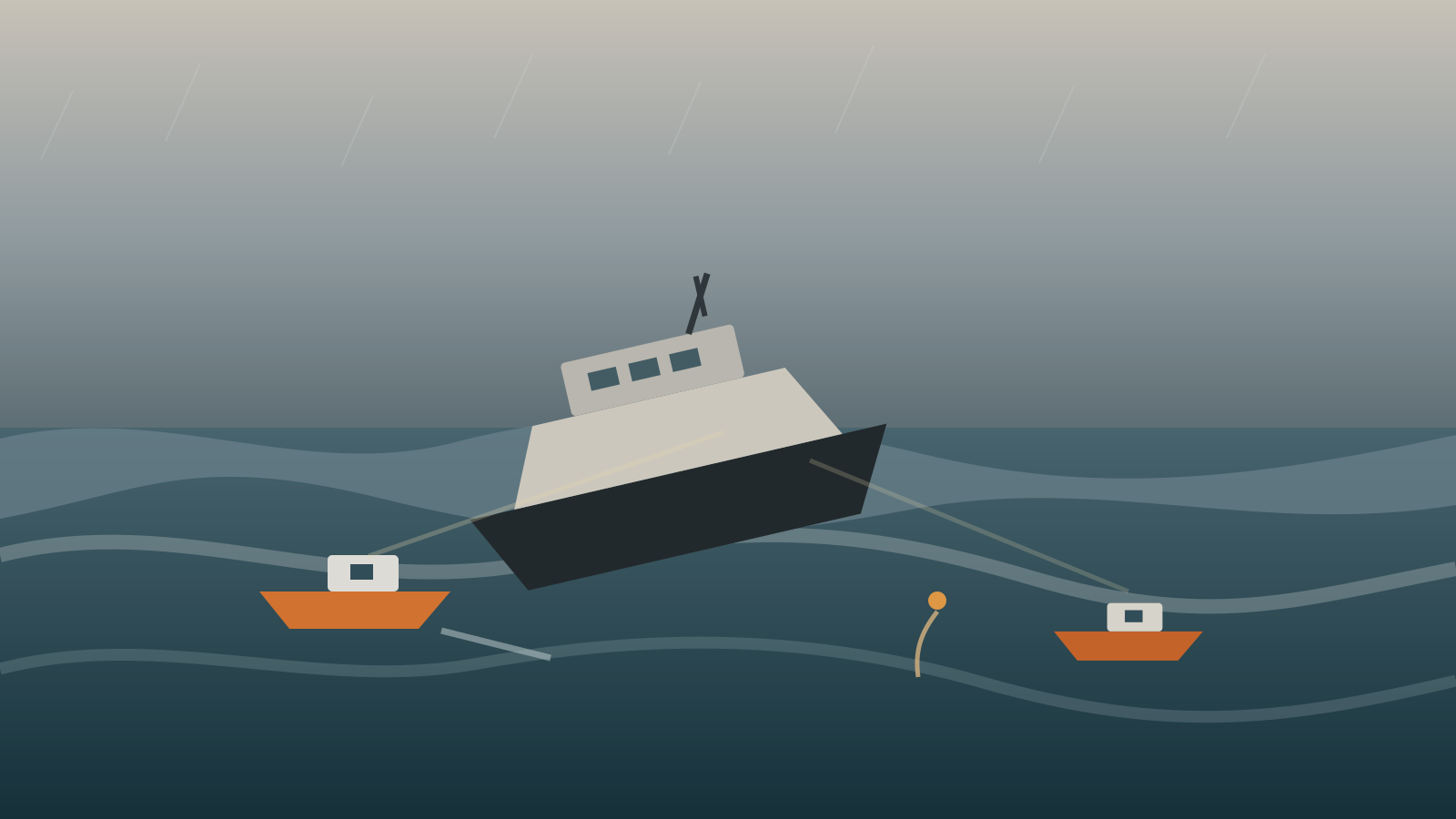 Ilustración vectorial de un ferry escorado en un mar agitado con embarcaciones de rescate