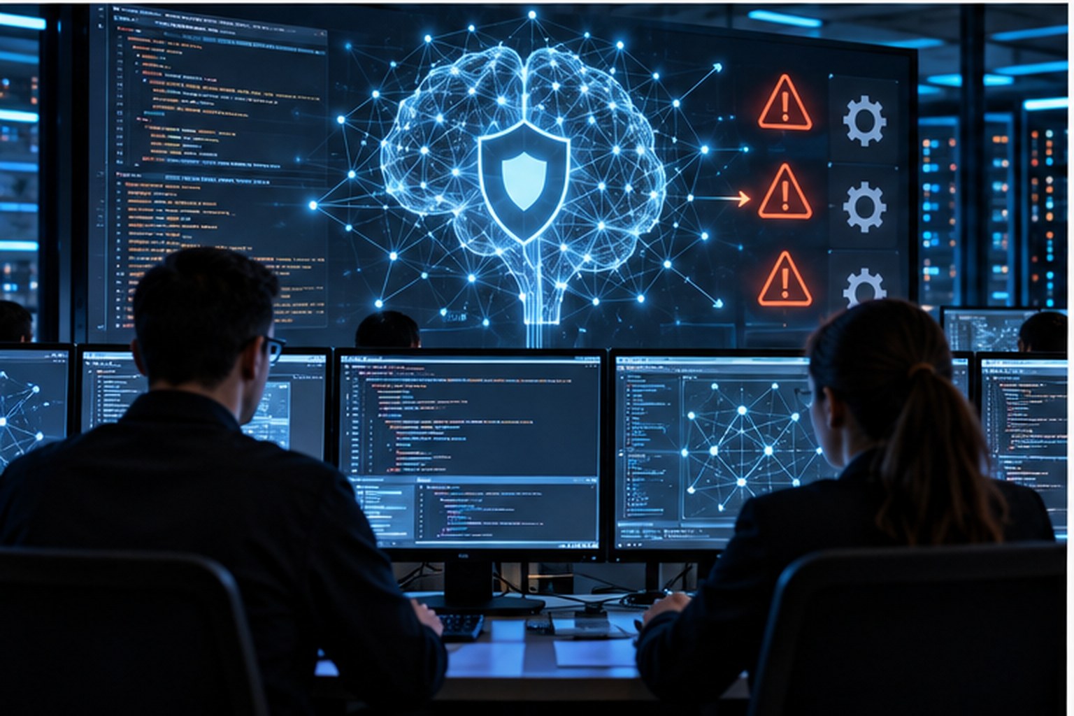 Ilustración editorial de un centro de operaciones de ciberseguridad con sistemas de inteligencia artificial