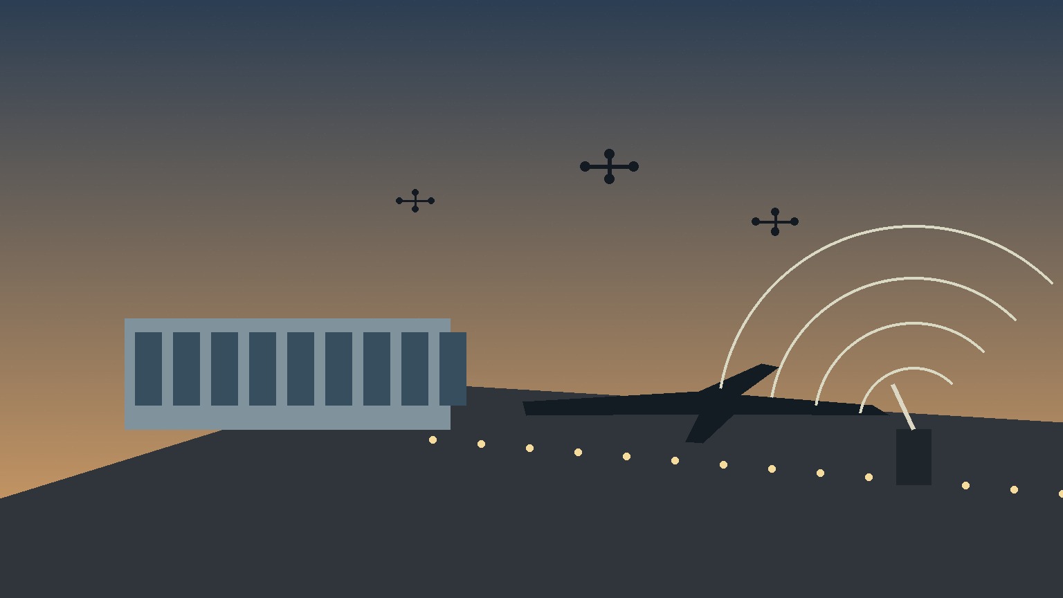 Ilustración editorial de un aeropuerto con sistemas de detección y siluetas abstractas de drones.