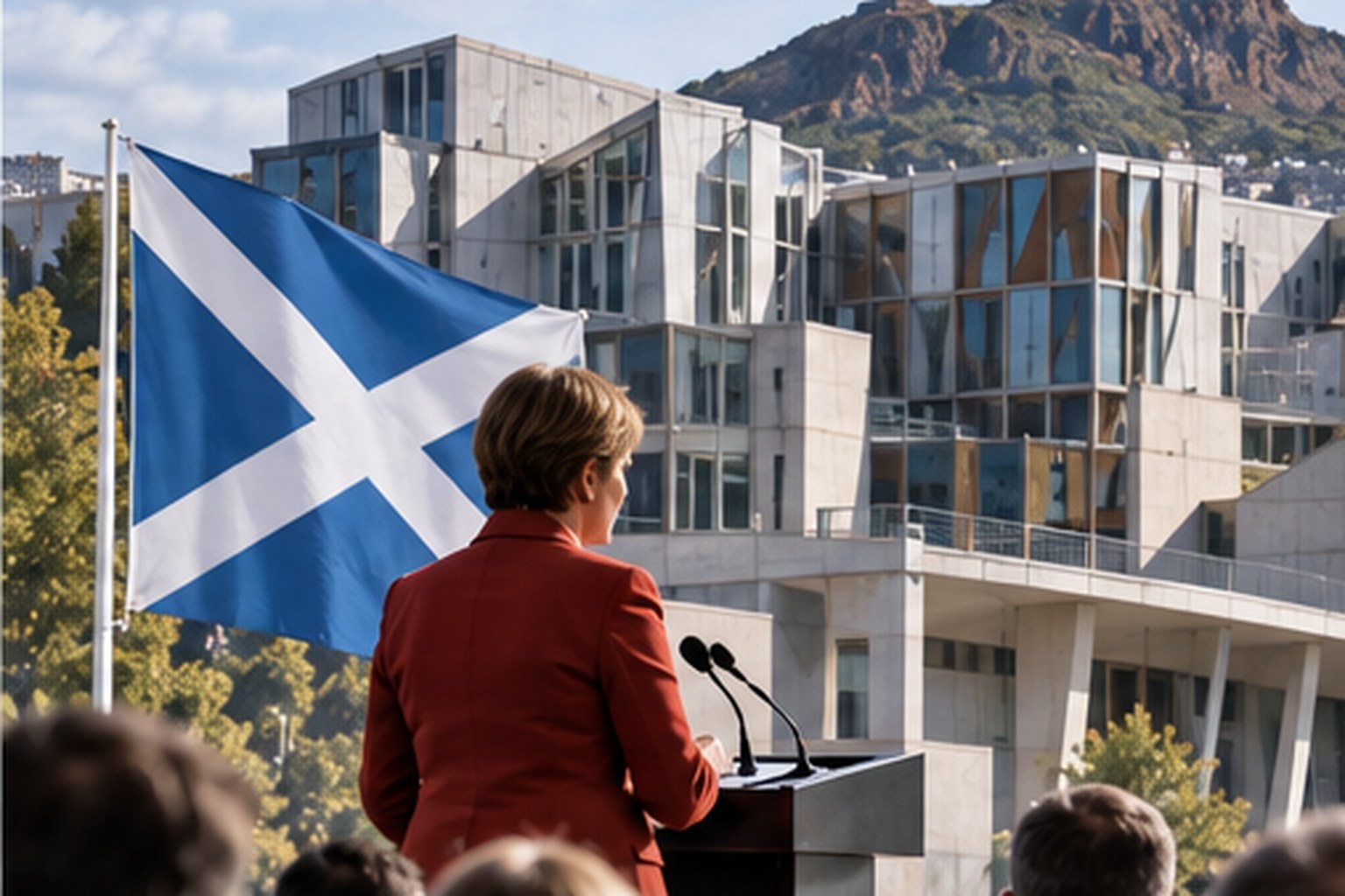 Ilustración editorial de un acto político en Escocia con la bandera escocesa