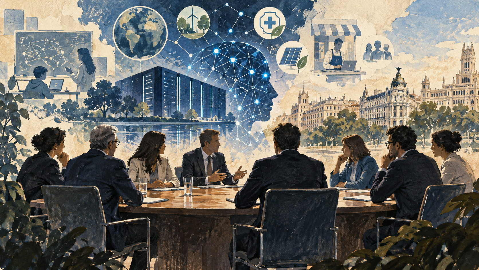 Ilustración editorial de una mesa de trabajo sobre inteligencia artificial, educación, energía, salud y empresa.
