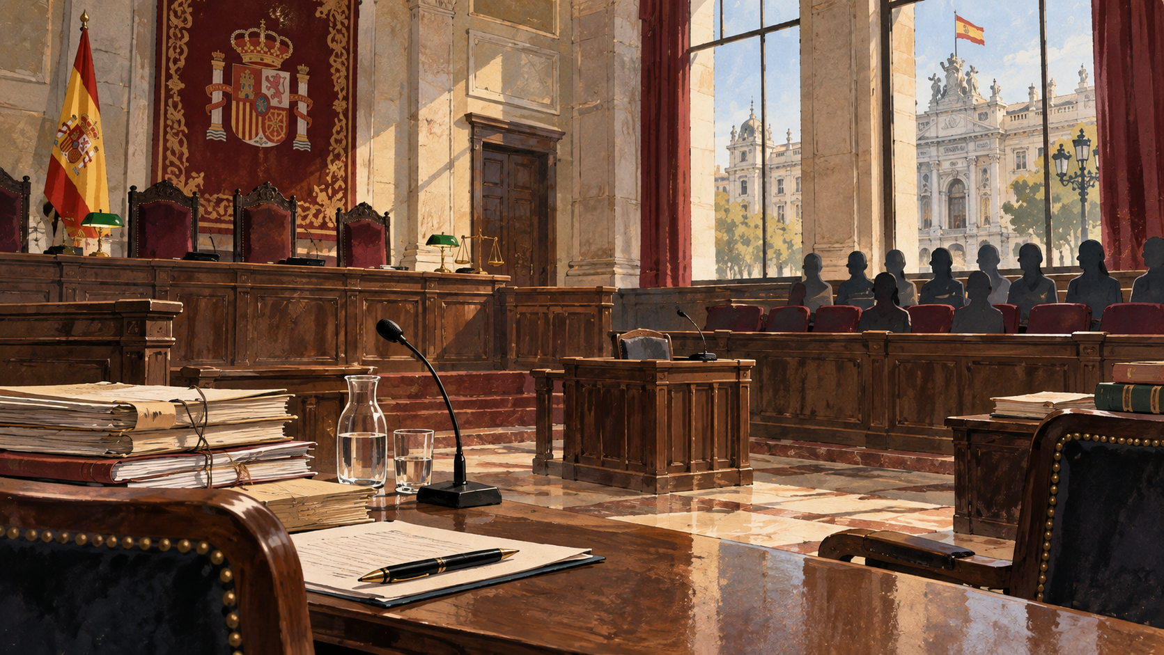 Ilustración editorial de una sala de justicia española con expedientes, mesa de defensa y jurado anónimo.