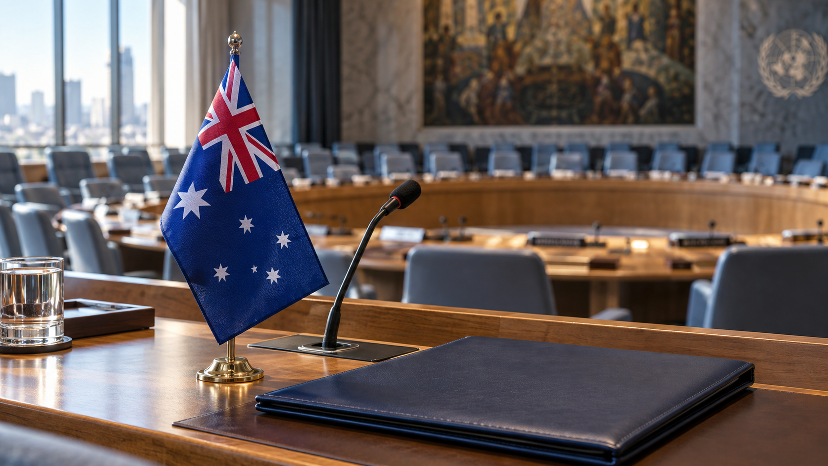 Imagen generada por IA de una bandera australiana y un micrófono en una sala diplomática vacía.