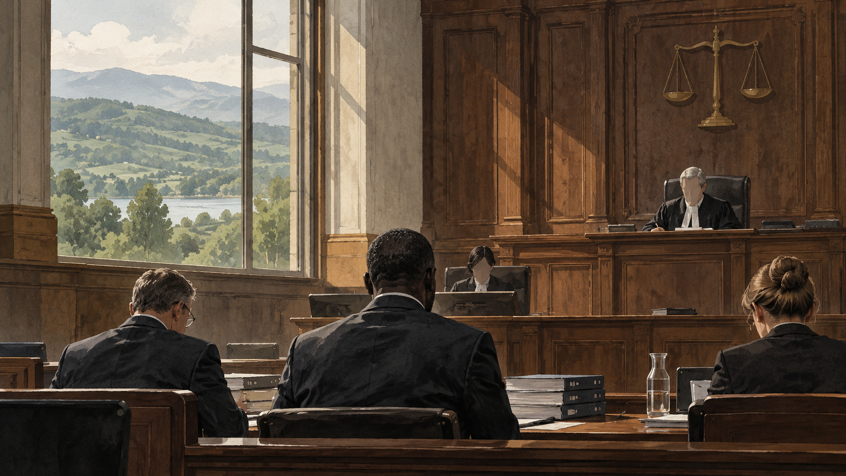 Ilustración editorial de una sala judicial con un acusado anónimo y abogados, con paisaje de colinas al fondo.