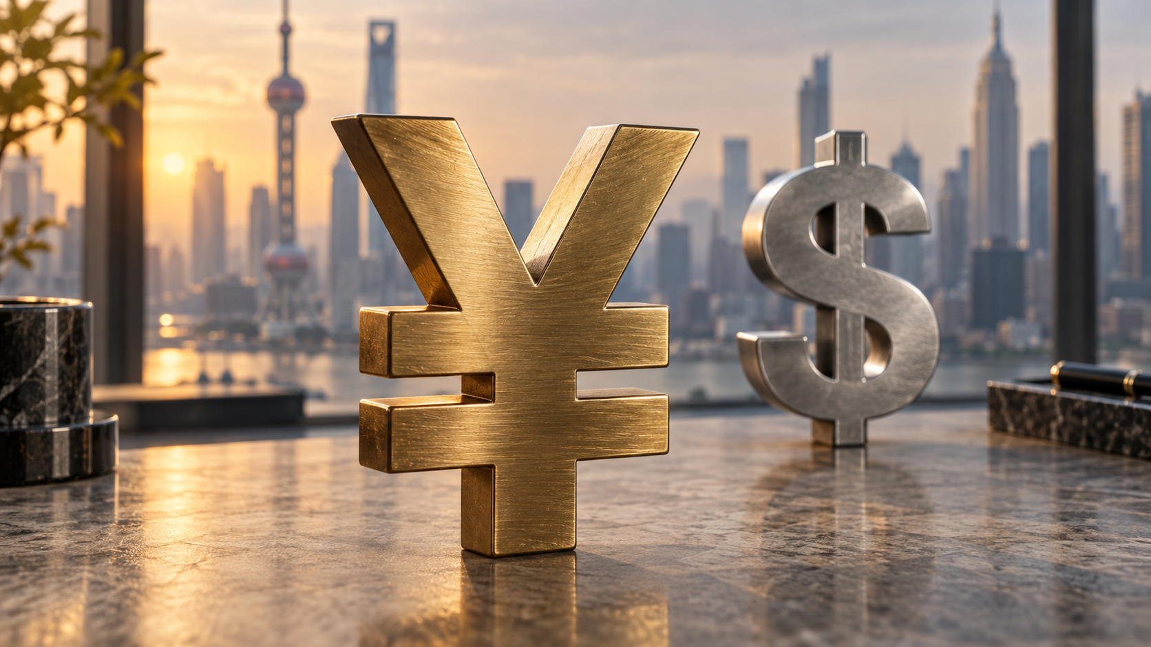 Imagen conceptual generada por IA con símbolos metálicos del yuan y del dólar.