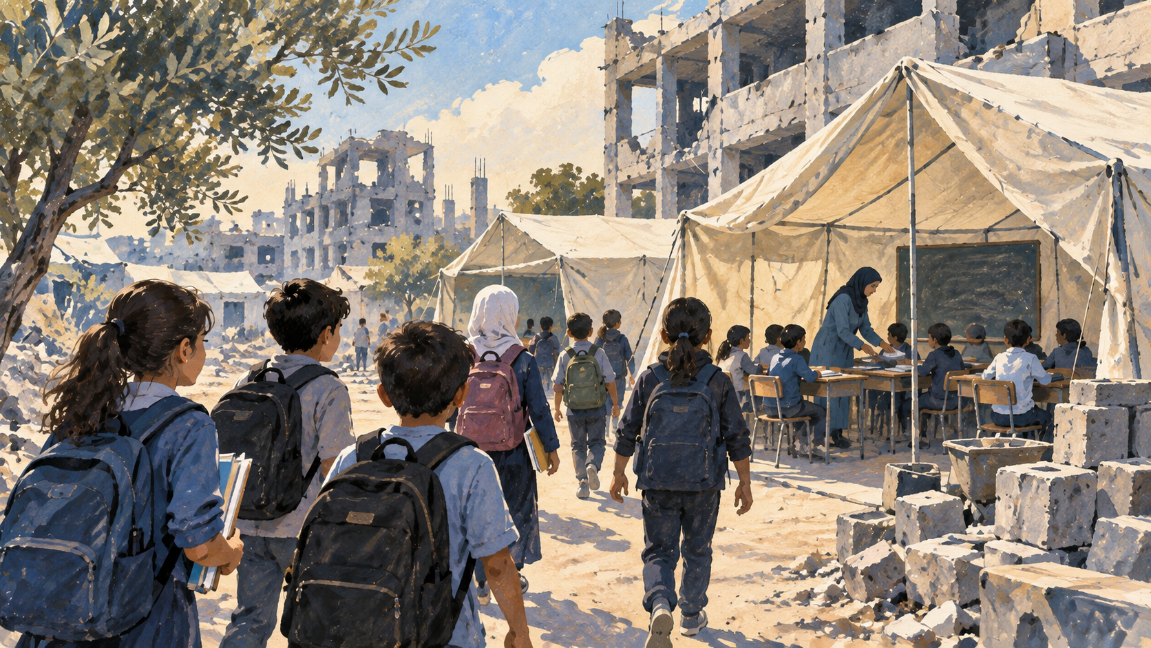 Ilustración editorial de alumnos caminando hacia una escuela temporal entre edificios dañados.