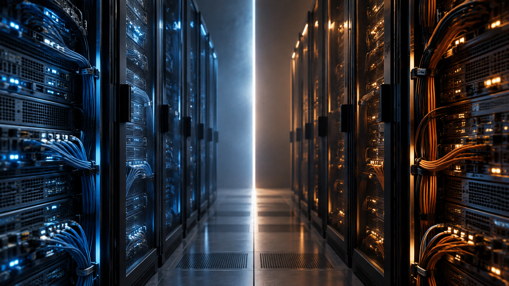 Imagen conceptual generada por IA de dos filas de servidores con iluminación azul y ámbar.