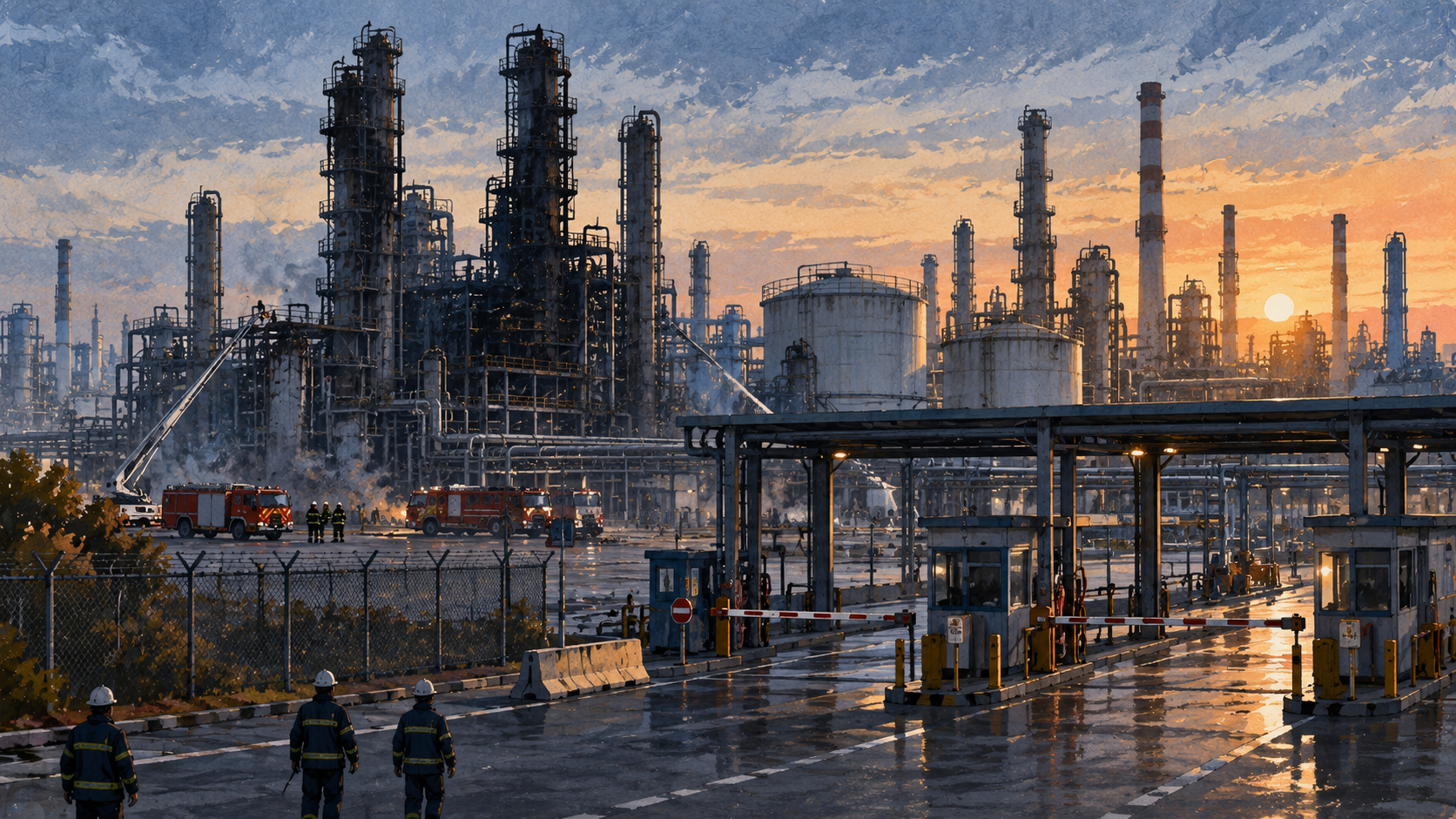 Ilustración editorial de una gran refinería al amanecer con equipos de emergencia y acceso restringido.