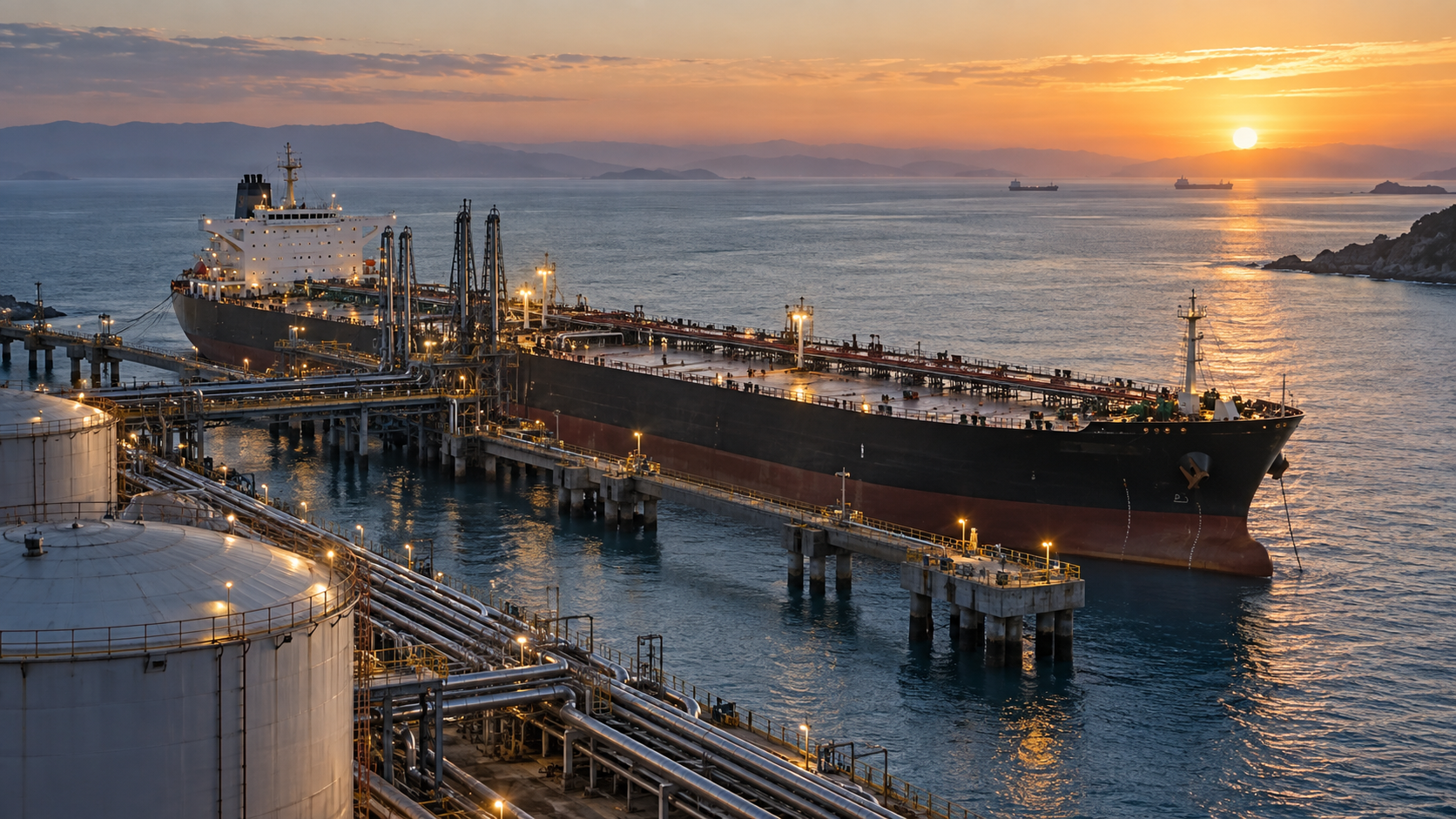Imagen generada por IA de un petrolero junto a una terminal costera, con depósitos y tuberías al amanecer.
