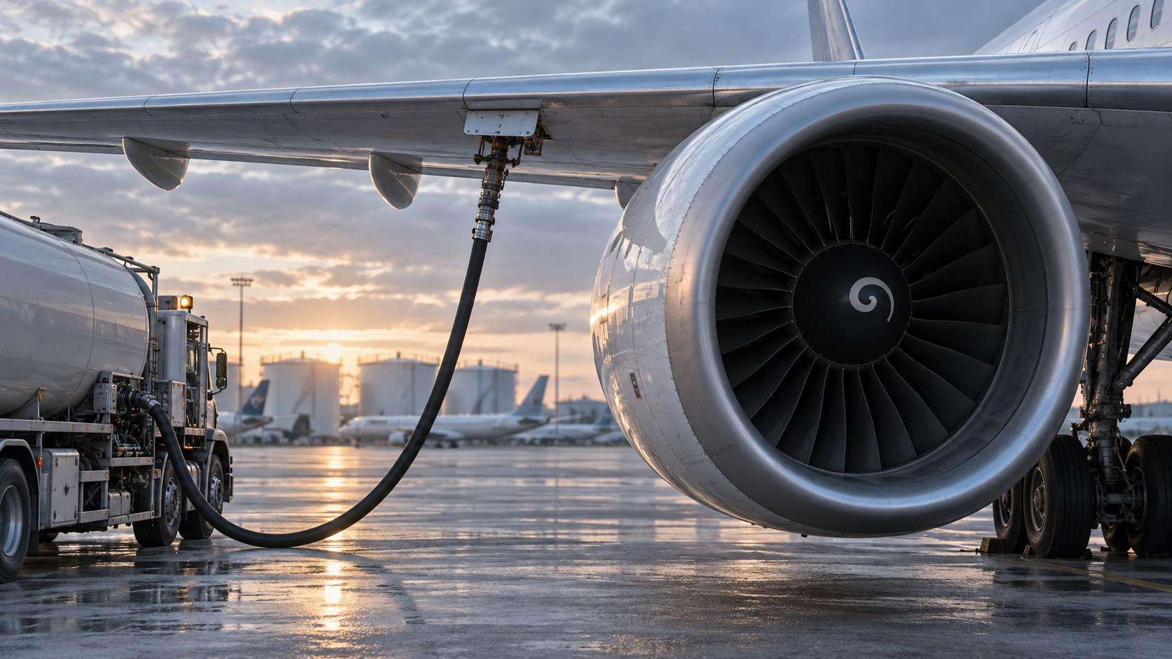 Imagen generada por IA de un avión y equipo de suministro de combustible en una pista.