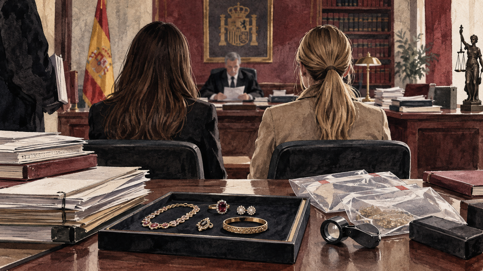 Ilustración editorial de dos mujeres anónimas ante un tribunal, con expedientes y joyas en bandejas de examen.