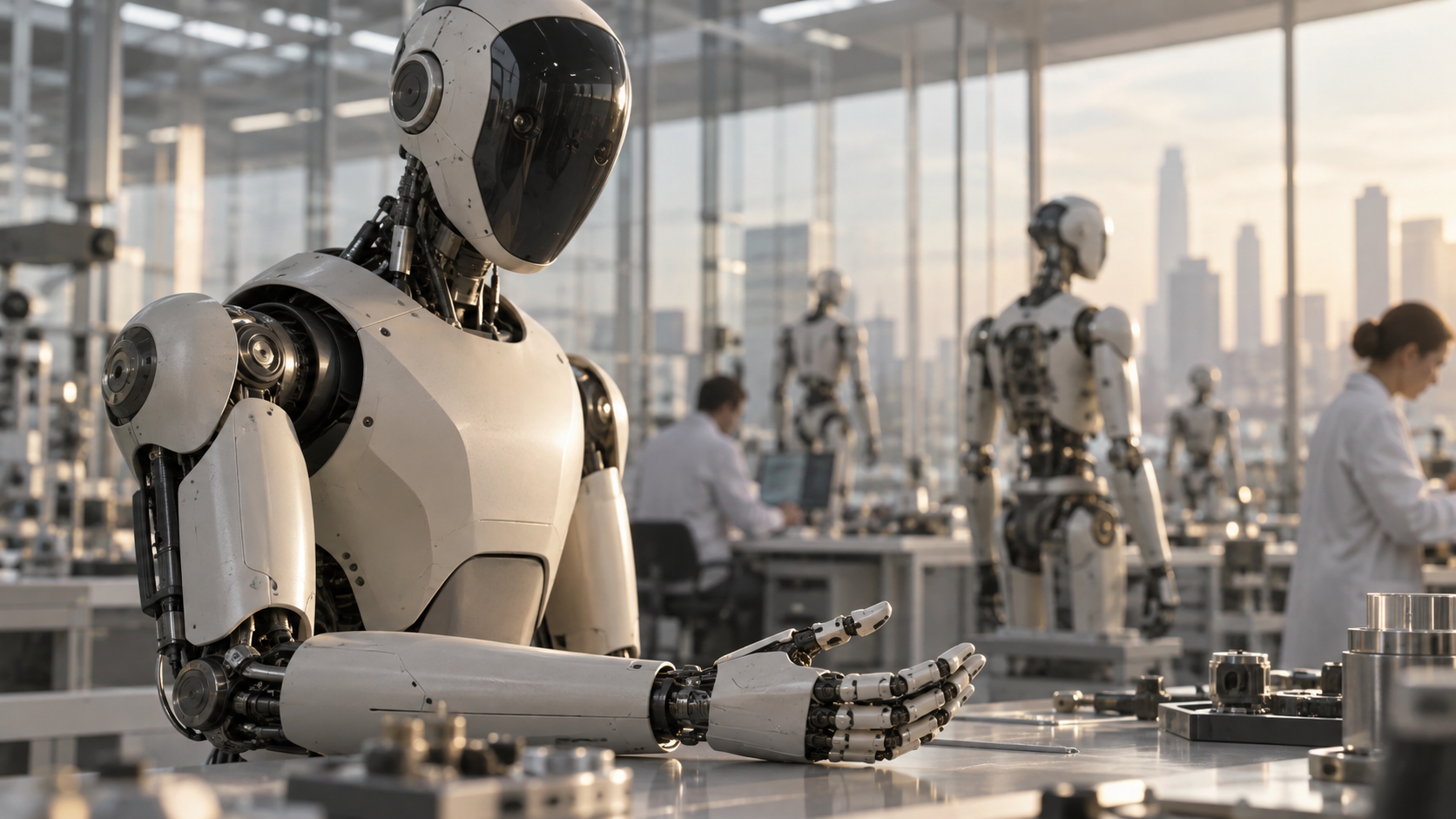 Imagen generada por IA de un prototipo de robot humanoide en un laboratorio industrial ficticio.
