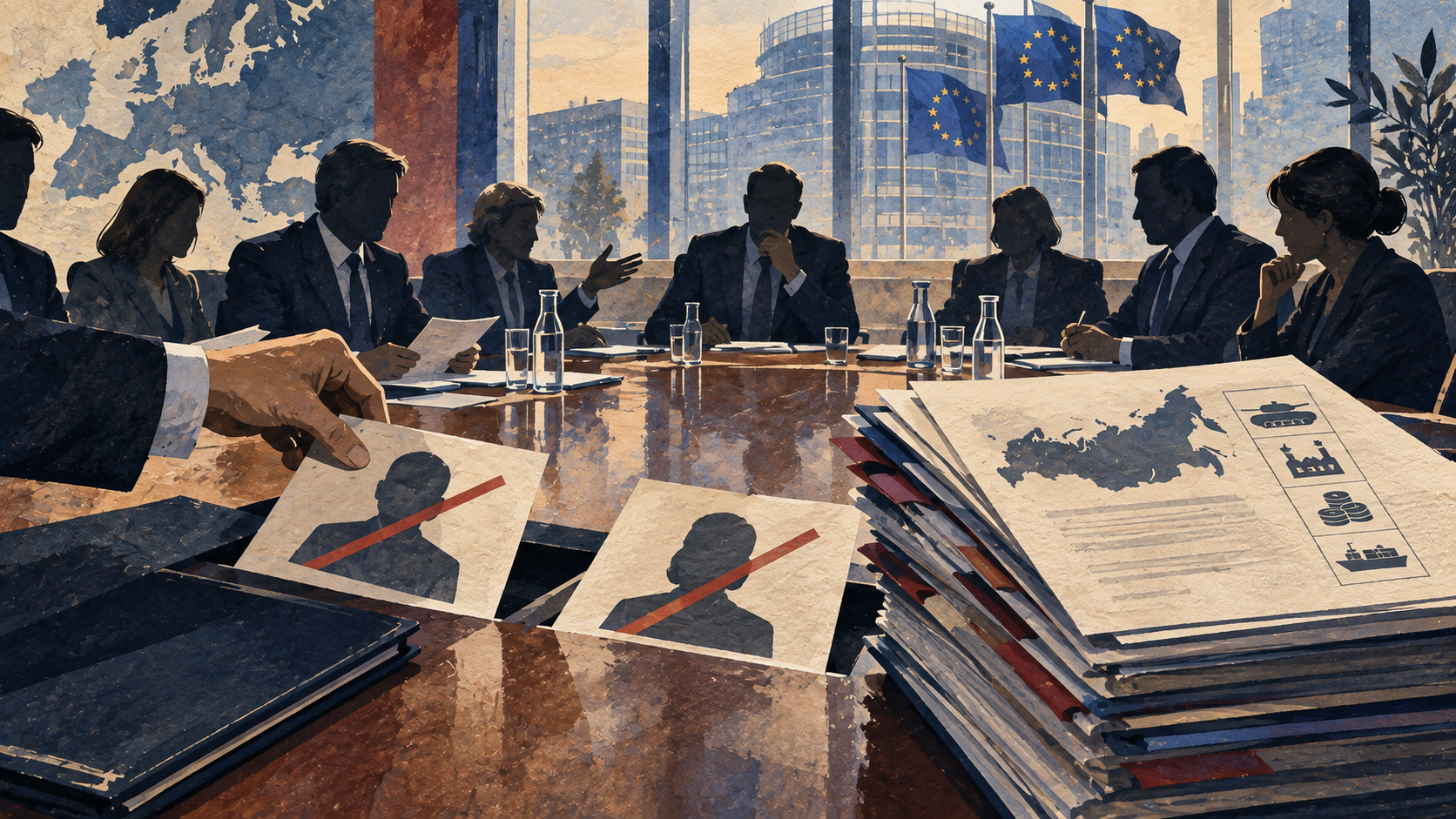 Ilustración editorial de una mesa diplomática europea con expedientes de sanciones y retratos anónimos retirados de una carpeta.