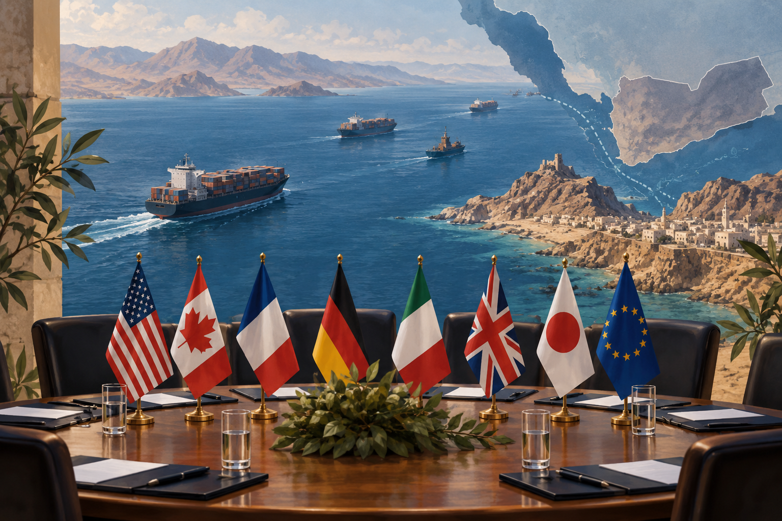 Ilustración editorial de una mesa diplomática frente a una ruta marítima con buques mercantes.