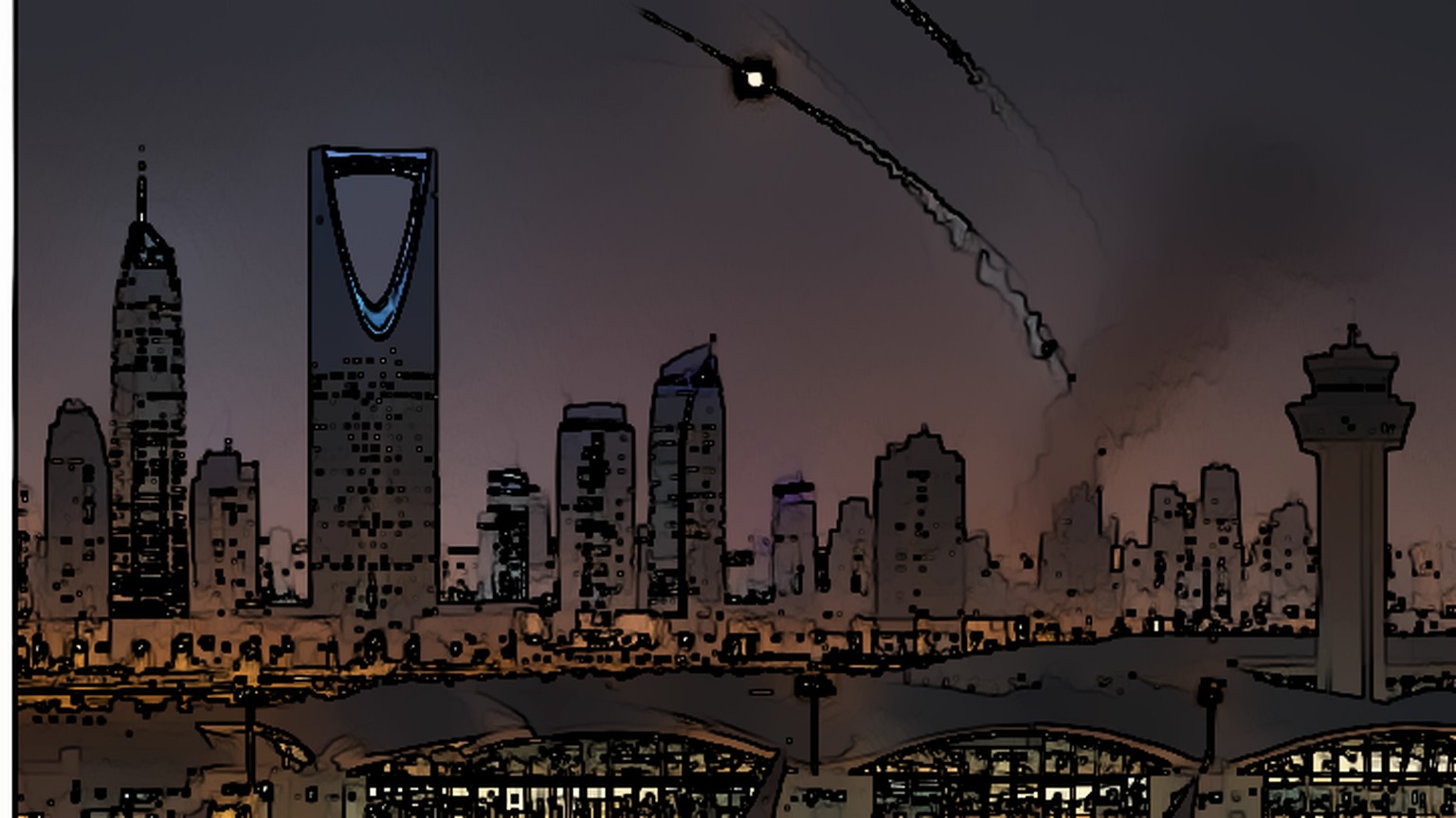 Ilustración editorial nocturna de Riad y un aeropuerto bajo tensión de seguridad.