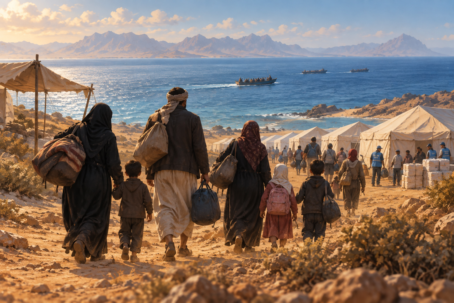 Ilustración editorial de familias desplazadas llegando a un campamento de ayuda junto al mar.