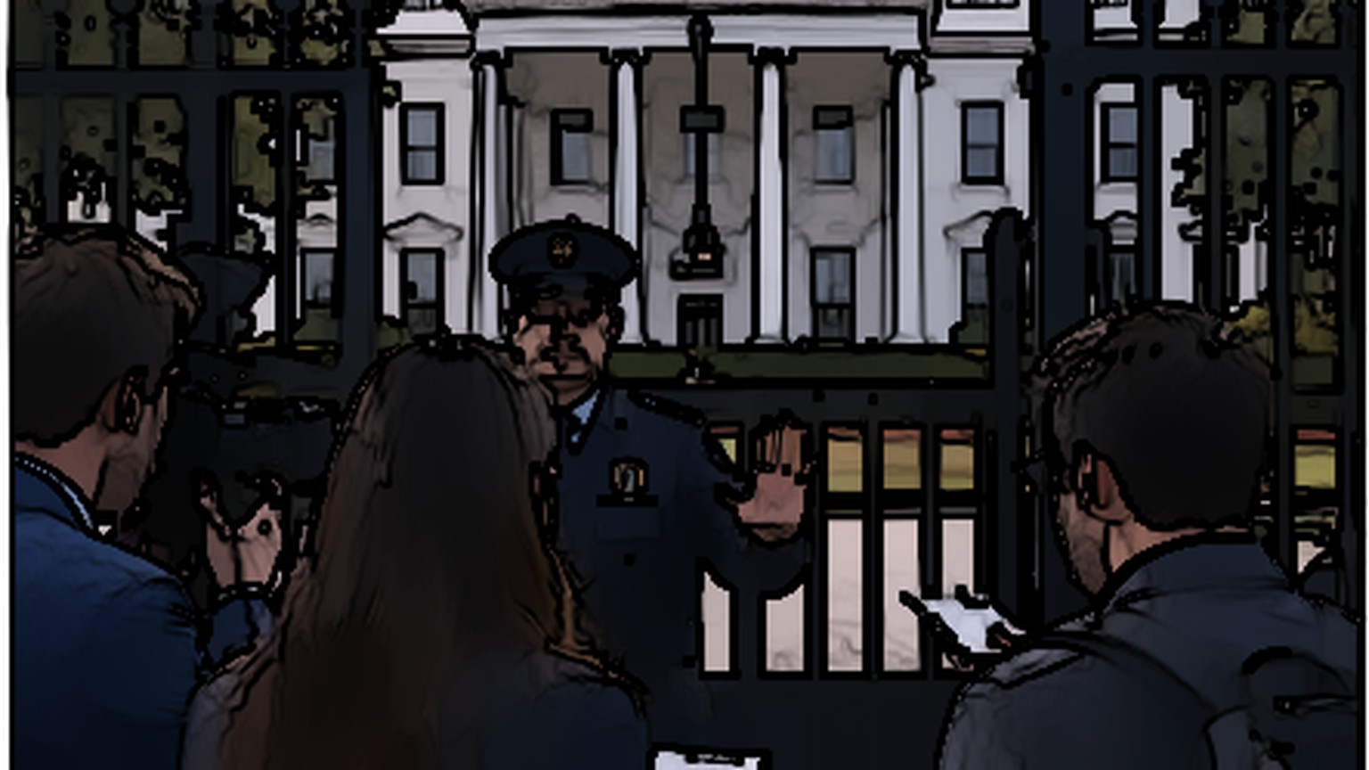 Ilustración editorial de periodistas frente a una entrada de la Casa Blanca custodiada.