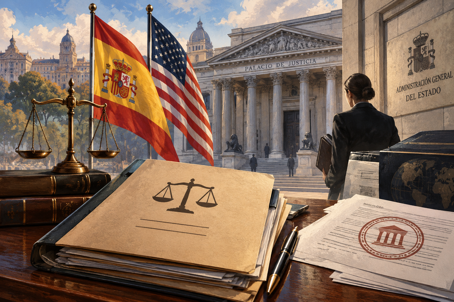 Ilustración editorial de documentos judiciales entre banderas de España y Estados Unidos.