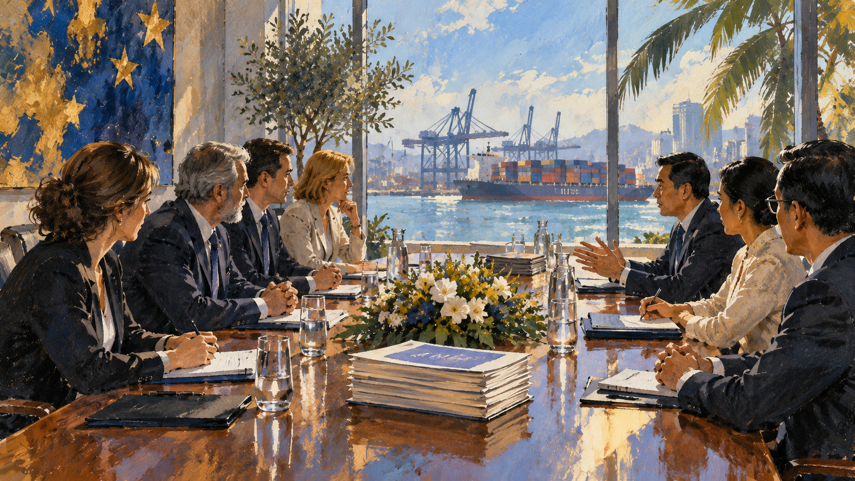 Ilustración editorial de dos delegaciones comerciales negociando junto a un puerto de contenedores