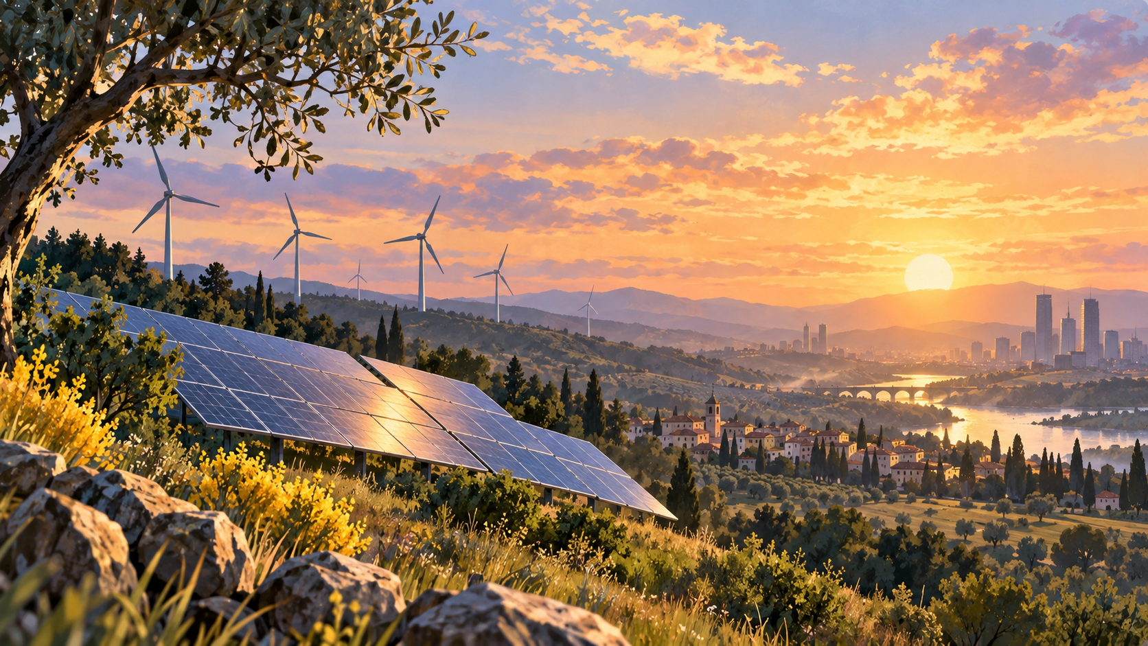 Ilustración editorial de un paisaje de transición energética con energía solar y eólica