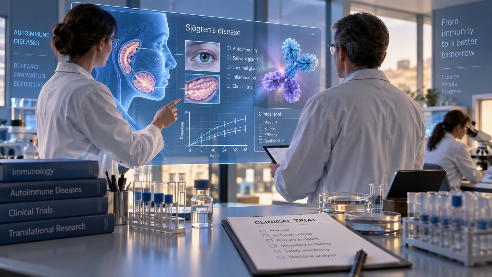 Ilustración editorial de investigadores estudiando datos de un ensayo clínico sobre la enfermedad de Sjögren.