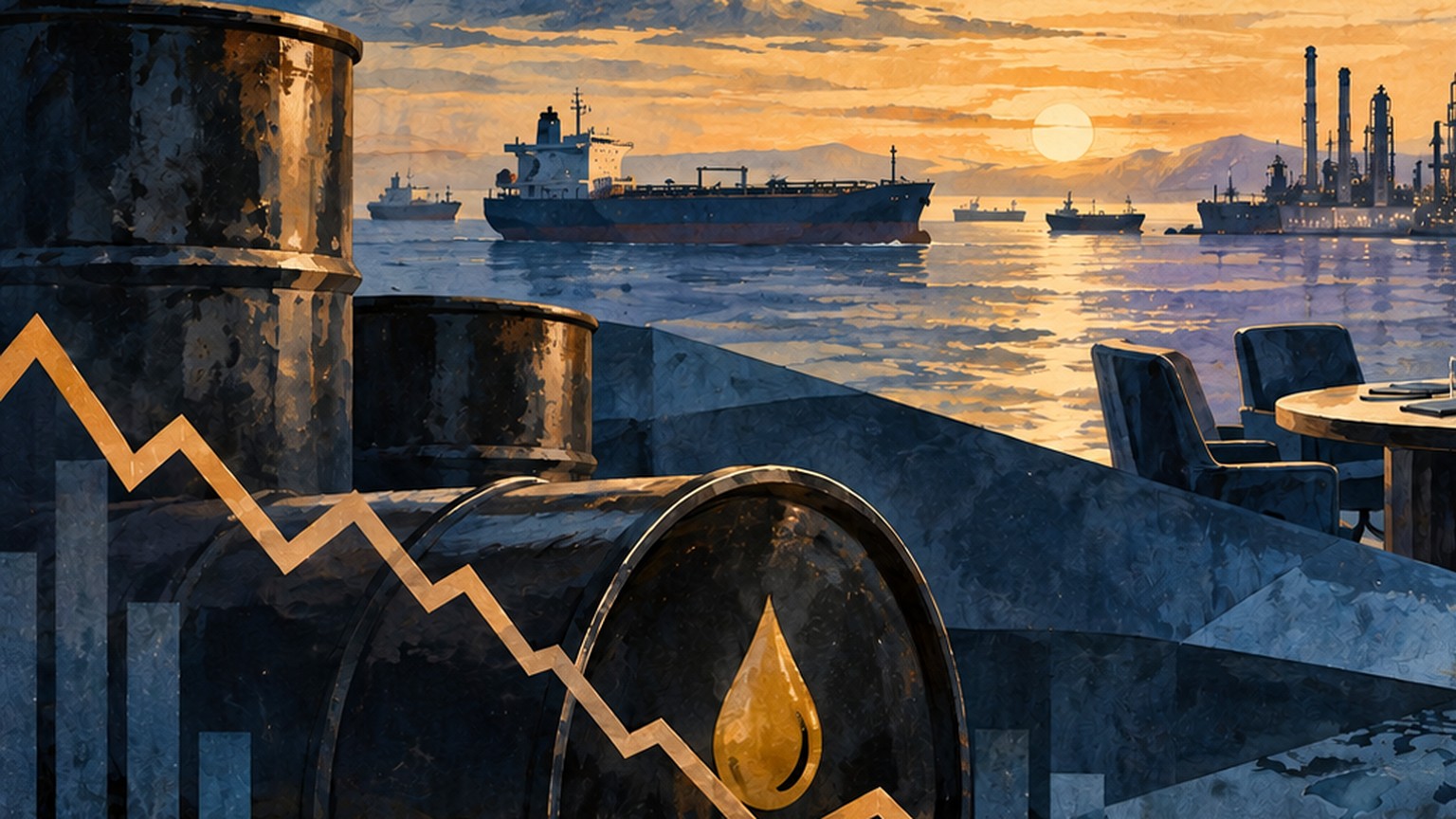 Ilustración editorial de barriles de petróleo y una línea descendente de mercado.