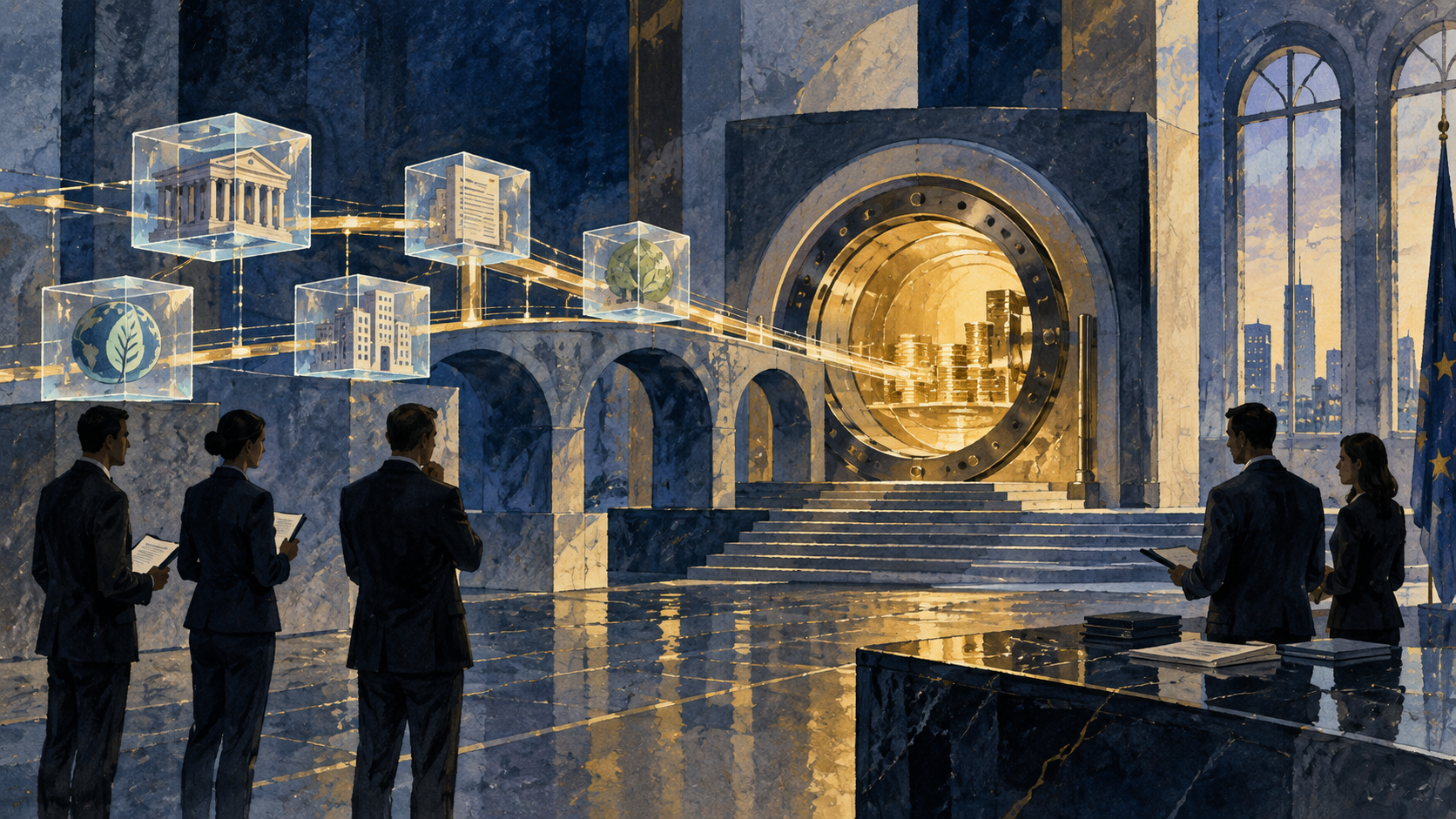 Ilustración editorial de liquidación de activos tokenizados mediante una infraestructura financiera institucional