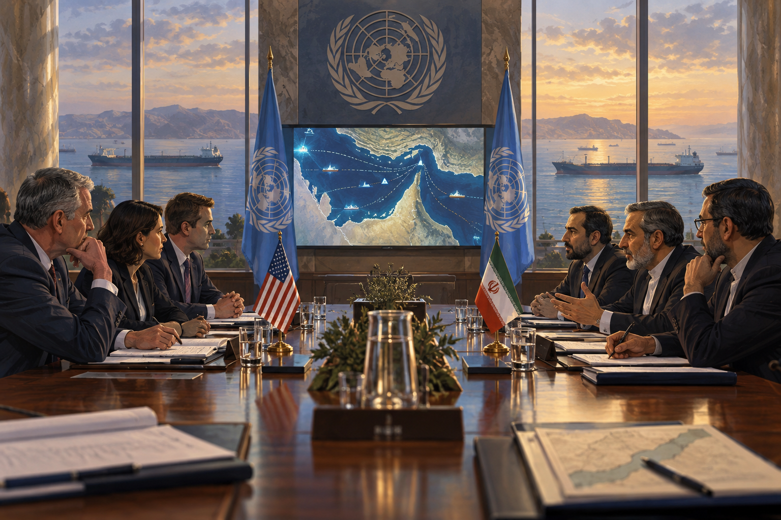 Ilustración editorial de delegaciones de Estados Unidos e Irán ante un mapa del estrecho de Hormuz.