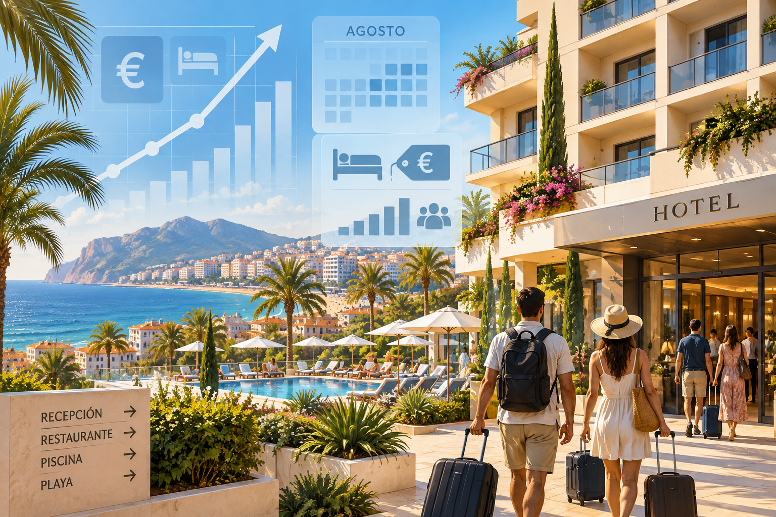 Ilustración editorial de un hotel costero con gráficos de precios y ocupación.