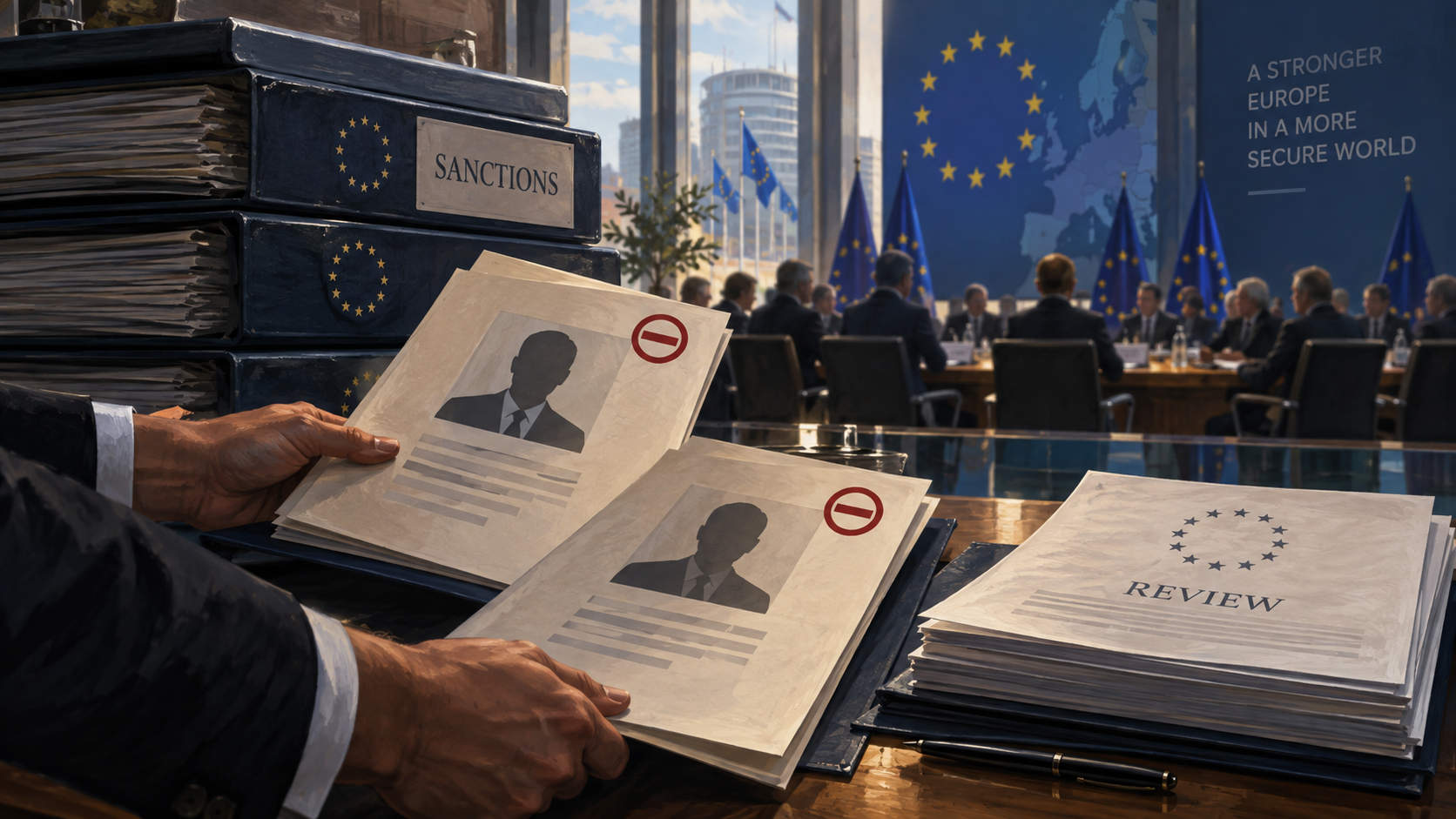 Ilustración editorial de expedientes de sanciones en una sala de reuniones europea.