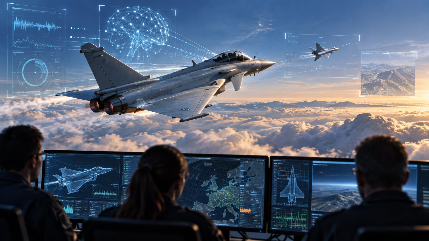 Ilustración editorial de un caza en vuelo con visualizaciones de inteligencia artificial y telemetría.