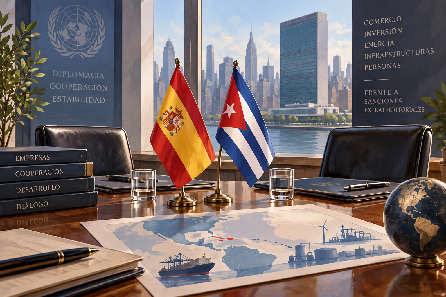 Ilustración editorial de una mesa diplomática con banderas de España y Cuba.