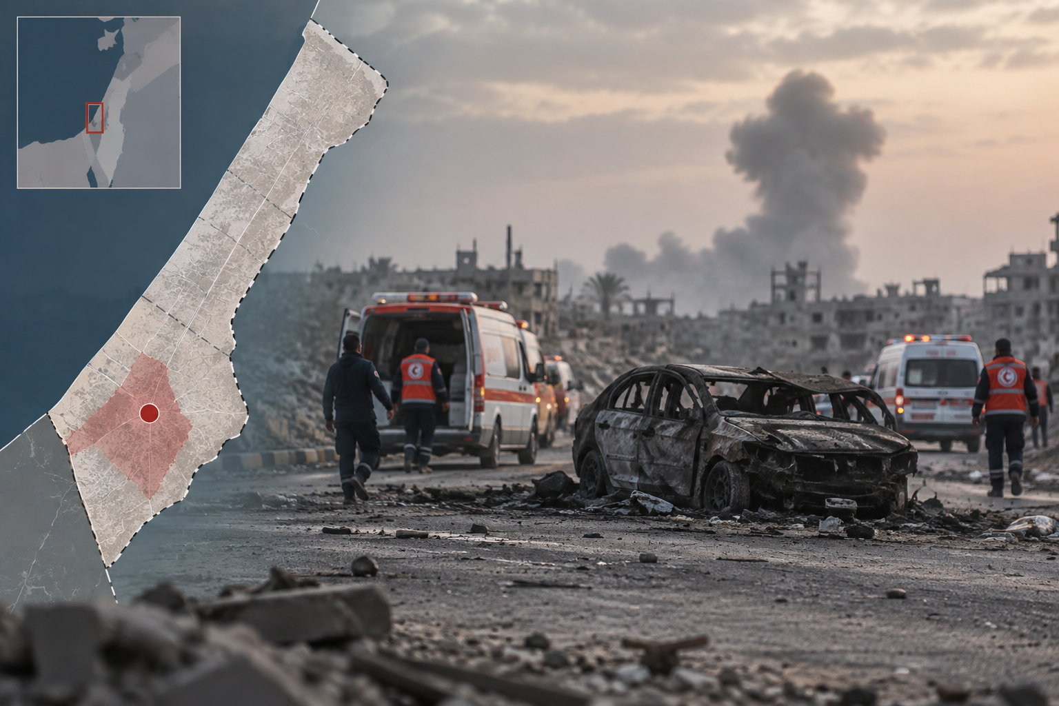 Ilustración editorial de un mapa del sur de Gaza y una respuesta de emergencia tras un ataque.
