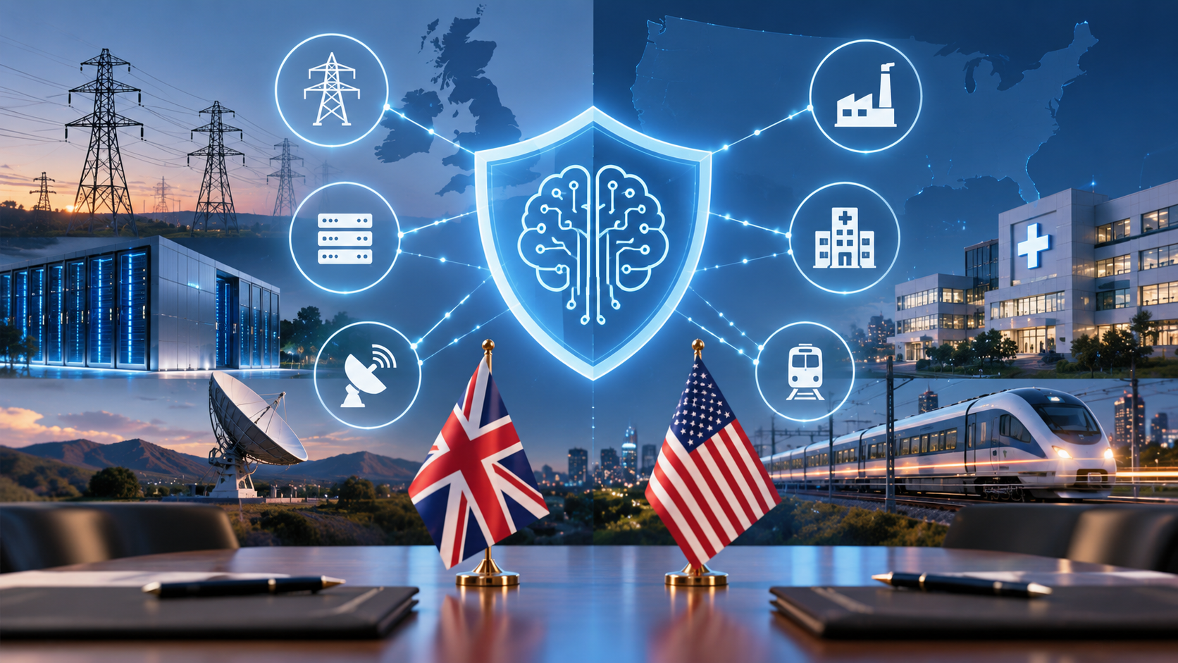 Ilustración editorial de una red de infraestructuras críticas protegida por sistemas de inteligencia artificial.