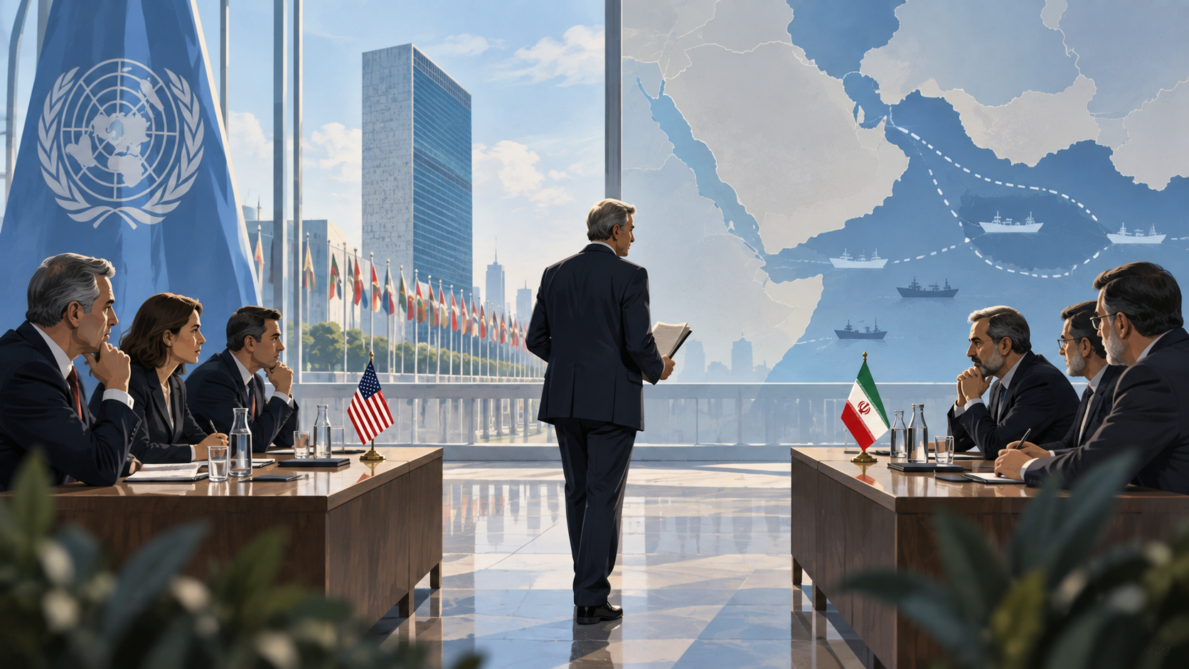 Ilustración editorial de dos delegaciones separadas por un mediador en un entorno diplomático.